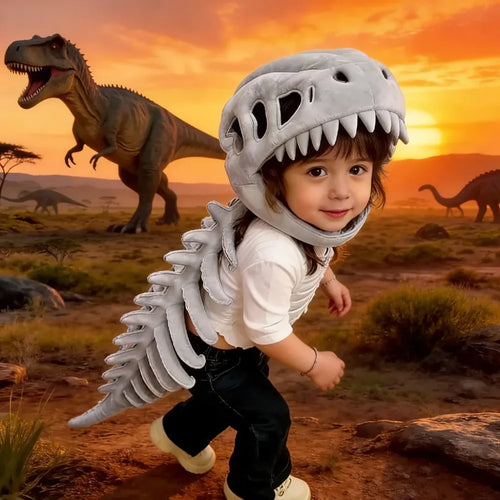 Cartoon Skeleton Dinosaur Plush Hat – Halloween Costume for Kids